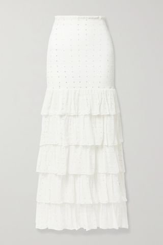 Retrofête + Lindsey Shirred Tiered Embellished Silk-Crepon Maxi Skirt
