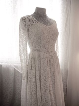 Vintage + Vintage 50s Tea Length White Lace Dress