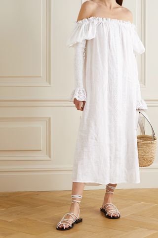 Sleeper + Opera Off-The-Shoulder Lace-Trimmed Linen Midi Dress