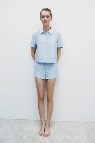 Zara + Contrast Collar Pajama Shirt