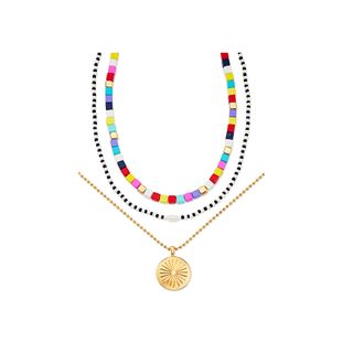 Scoop + Multi-Color Bead and Faux Pearl Layered Necklace With Coin Pendant