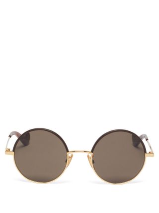 Loewe + Leather-Trimmed Round Metal Sunglasses