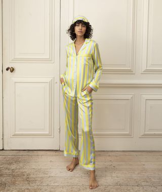 Yolke + Classic Silk Pyjama Set in Yellow and Grey Stripe
