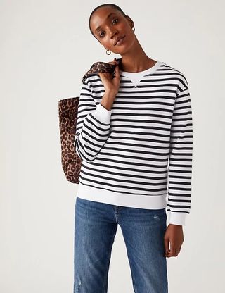 M&S Collection + Cotton Rich Striped Crew Neck Sweatshirt