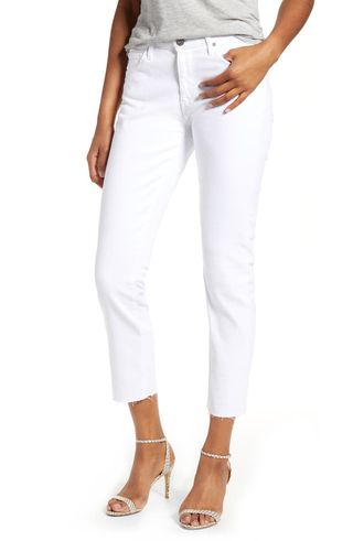 AG + Prima Mid Rise Raw Hem Crop White Jeans