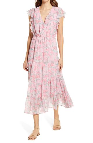 Charles Henry + Ruffle Sleeve Floral Faux Wrap Dress