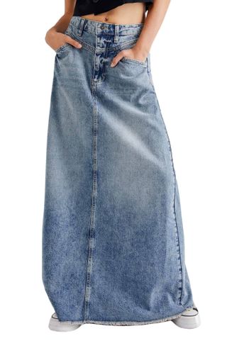 Free People + Come as You Are Fray Hem Denim Maxi Skirt