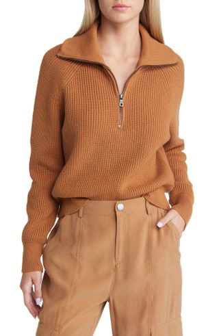Open Edit + Half Zip Cotton Blend Rib Sweater