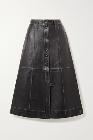 Ganni + Topstitched Leather Midi Skirt