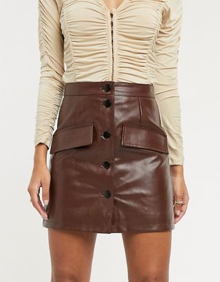 ASOS Design + Leather Look Button Through Mini Skirt