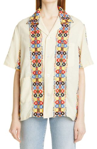 Bode + Louie Embroidered Short Sleeve Linen & Cotton Button-Up Shirt