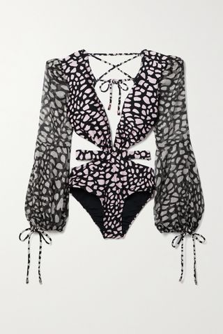 Patbo + Cutout Printed Chiffon-Paneled Swimsuit