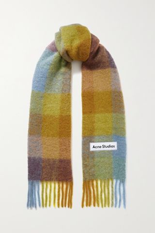 Acne Studios + Fringed Checked Knitted Scarf