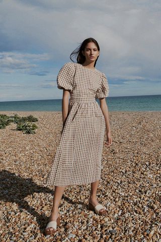 Warehouse + Gingham Open Back Puff Sleeve Midi Dress