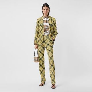 Burberry + Cropped Check Technical Wool Tailored Trousers