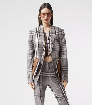 Burberry + Basque Detail Check Technical Wool Tailored Jacket