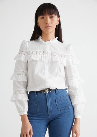 & Other Stories + Button Up Ruffle Embroidery Blouse