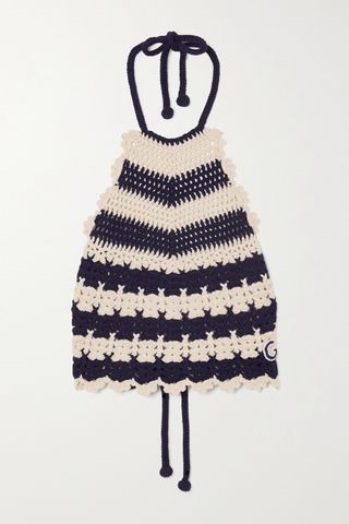 Gucci + Open-Back Appliquéd Striped Crocheted Wool Halterneck Top