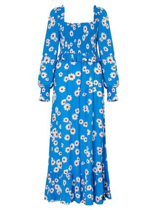 Kitri + Lauren Blue Daisy Shirred Dress