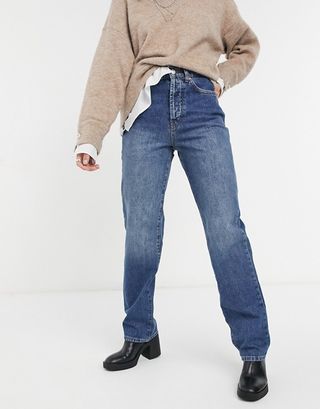 Topshop + Buckle Detail Carpenter Jeans in Mid Blue