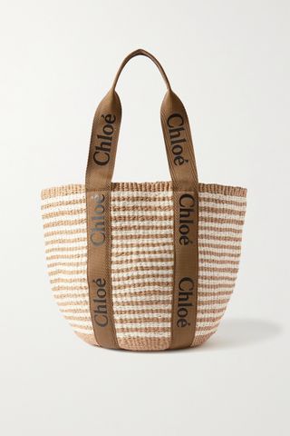 Chloé + Woody Large Printed Canvas and Leather-Trimmed Striped Raffia Tote