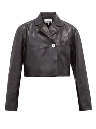 Ganni + Cropped Double-Breasted Leather Jacket
