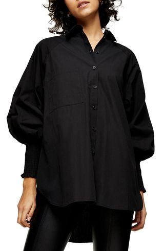 Topshop + Oversize Smocked Bishop Sleeve Button-Up Shirt