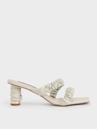 Charles & Keith + White Ruched Strap Mules