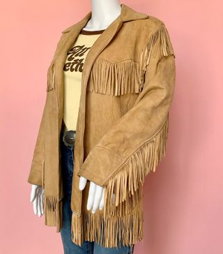 Vintage + 1970s Western Camel Suede Fringed Leather Jacket