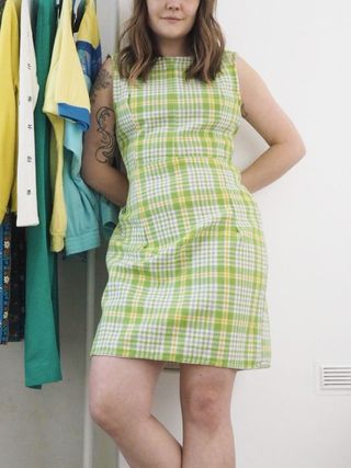 Vintage + 1960s Green Checked Wool Mini Dress