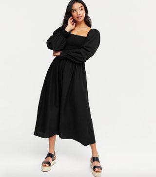 New Look + Petite Black Shirred Puff Sleeve Midi Dress