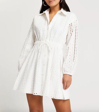 River Island + Petite White Tie Waisted Mini Shirt Dress