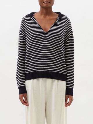 Allude + Sailor-Collar Striped Wool-blend Sweater