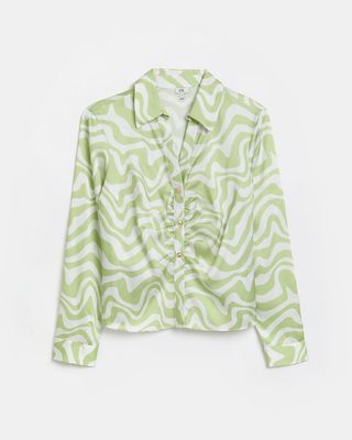 River Island + Green Swirl Print Ruched Front Shirt
