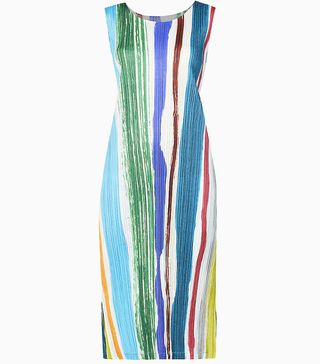 Pleats Please Issey Miyake + Leaf Striped Sleeveless Woven Midi Dress