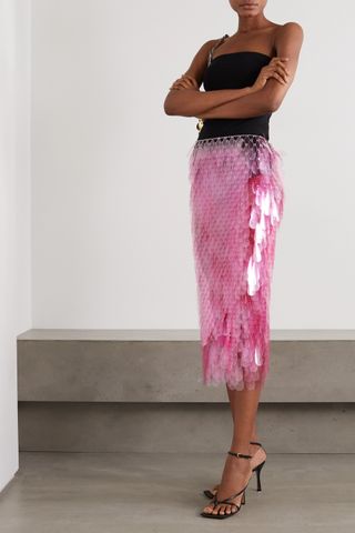 Paco Rabanne + Paillette-Embellished Chainmail Midi Skirt