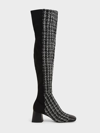 Charles & Keith + Multicoloured Tweed & Leather Thigh High Boots | Charles & Keith