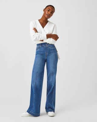 Spanx + Seamed Front Wide Leg Jeans, Vintage Indigo