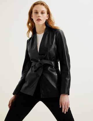 Marks & Spencer + Leather Belted Collarless Longline Jacket