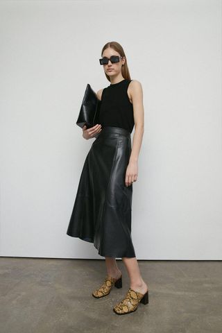 Warehouse + Real Leather A Line Midi Skirt