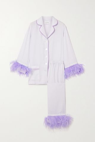 Sleeper + Party Feather-Trimmed Crepe De Chine Pajama Set