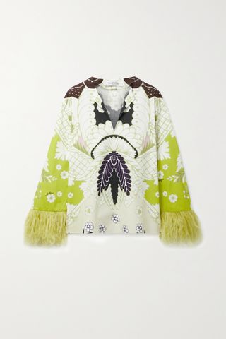 Valentino + Feather-Trimmed Printed Cotton-Poplin Blouse