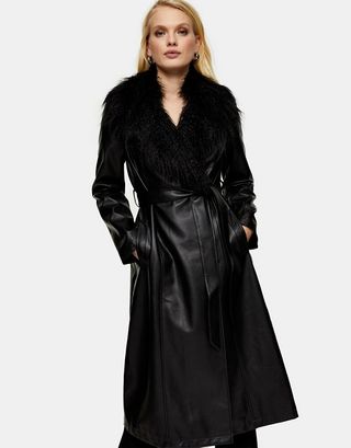 Topshop + Faux Leather Coat With Faux Fur Trim