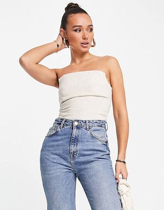 ASOS Design + Fitted Bodysuit With Ruched Side in Natural Stone