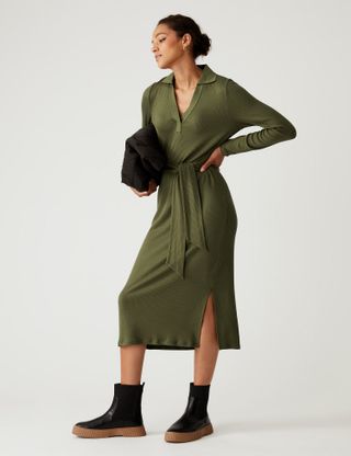 M&S Collection + Ribbed V-Neck Tie Front Midi Dress