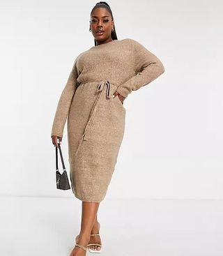 ASOS Design + Curve Knitted Midi Dress in Taupe