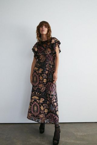 Warehouse + Velvet Devore Ruffle Sleeve Maxi Dress