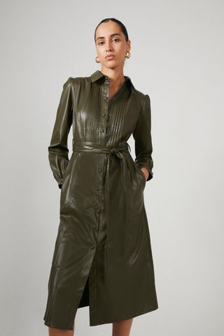 Warehouse + Faux Leather Pintuck Midi Shirt Dress
