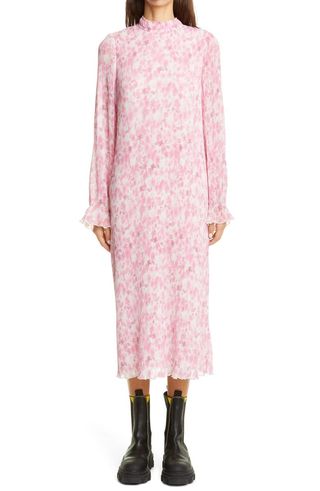 Ganni + Floral Long Sleeve Plissé Midi Dress