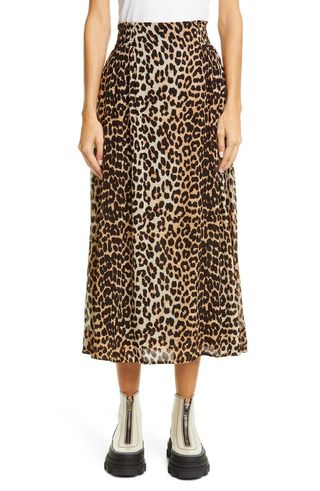 Ganni + Leopard Print Georgette Midi Skirt